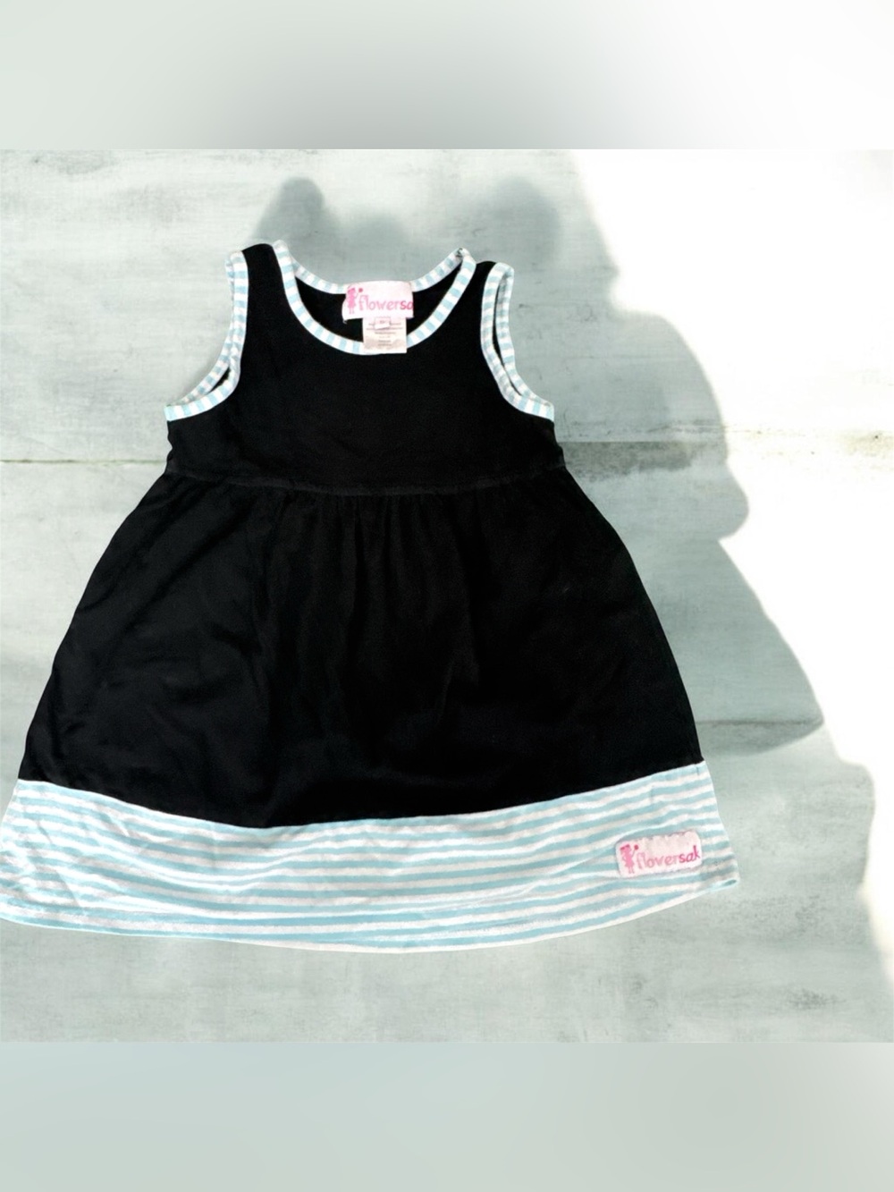 Girls' Black Tank Dress with Light Blue Stripe Trim